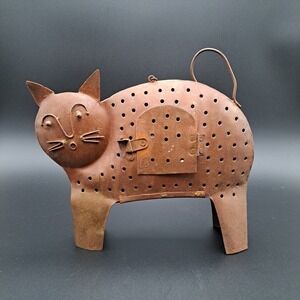 Vintage Rustic Metal Cat Tealight Candle Holder Decorative Farm House Folk Art